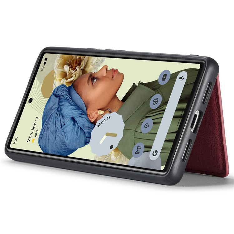 JEEHOOD Kickstand Function Detachable 2-in-1 Phone Case Drop-proof Wallet Magnetic Design Leather Coated TPU Cover for Google Pixel 6 - Red