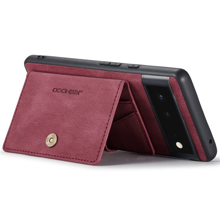 JEEHOOD Kickstand Function Detachable 2-in-1 Phone Case Drop-proof Wallet Magnetic Design Leather Coated TPU Cover for Google Pixel 6 - Red