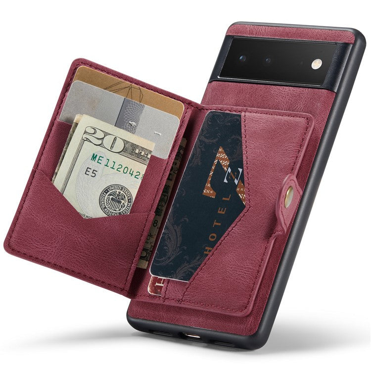 JEEHOOD Kickstand Function Detachable 2-in-1 Phone Case Drop-proof Wallet Magnetic Design Leather Coated TPU Cover for Google Pixel 6 - Red