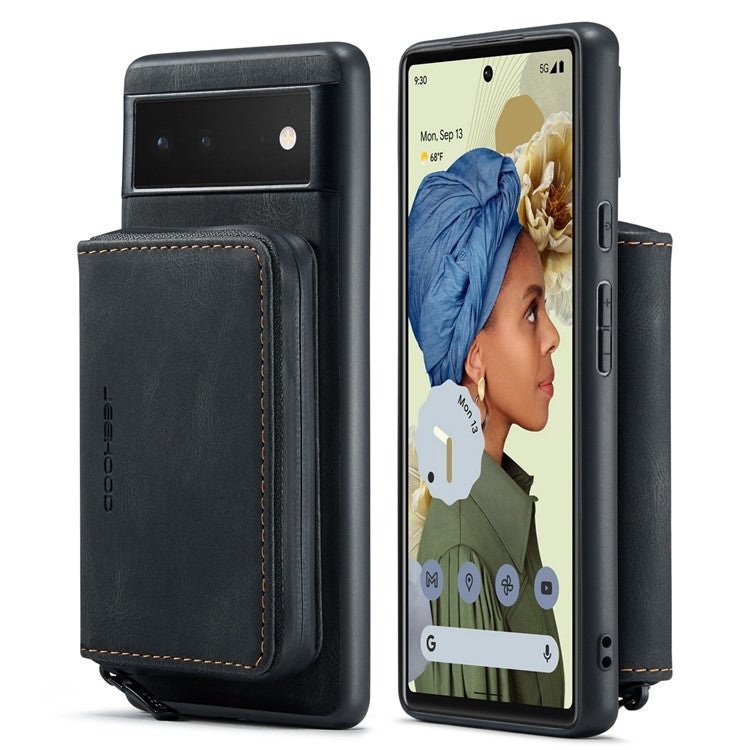 JEEHOOD Well-protected Anti-fall Kickstand Design Cover Leather Coated TPU Phone Case with Detachable Magnetic Zipper Wallet for Google Pixel 6 - Black
