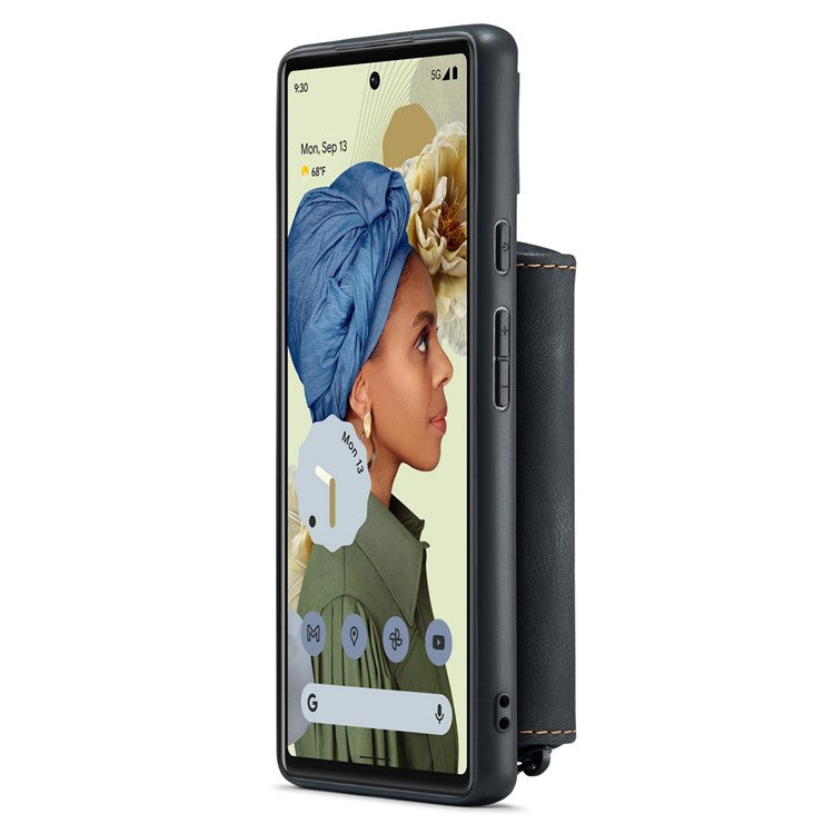 JEEHOOD Well-protected Anti-fall Kickstand Design Cover Leather Coated TPU Phone Case with Detachable Magnetic Zipper Wallet for Google Pixel 6 - Black