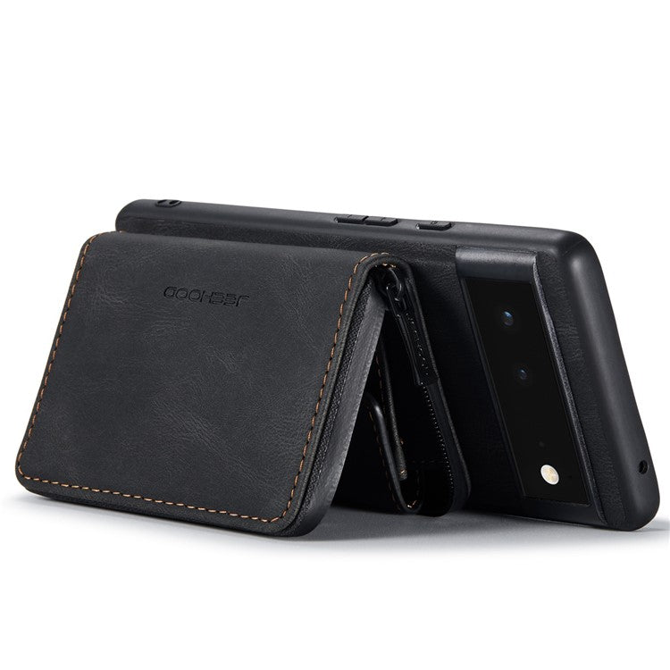 JEEHOOD Well-protected Anti-fall Kickstand Design Cover Leather Coated TPU Phone Case with Detachable Magnetic Zipper Wallet for Google Pixel 6 - Black