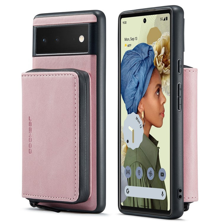 JEEHOOD Well-protected Anti-fall Kickstand Design Cover Leather Coated TPU Phone Case with Detachable Magnetic Zipper Wallet for Google Pixel 6 - Pink