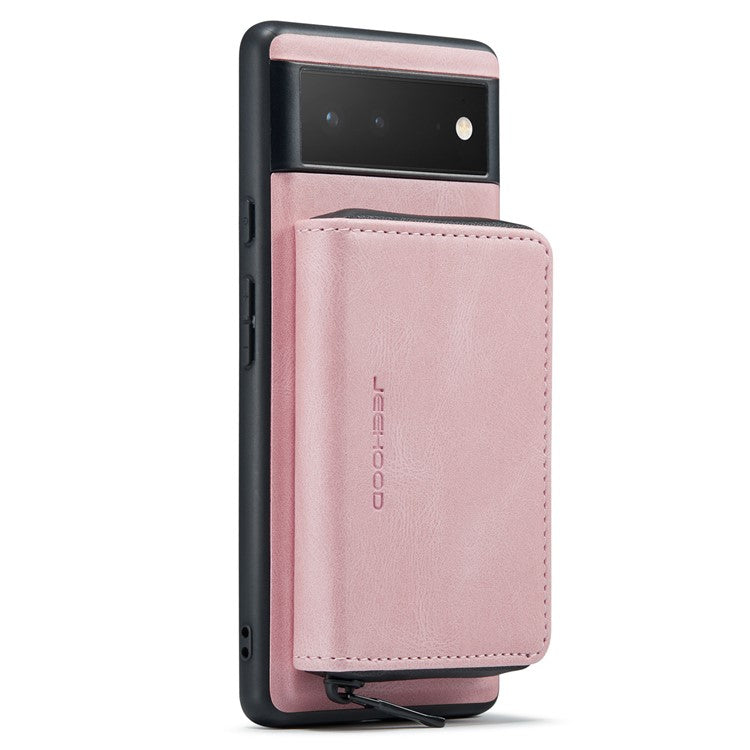 JEEHOOD Well-protected Anti-fall Kickstand Design Cover Leather Coated TPU Phone Case with Detachable Magnetic Zipper Wallet for Google Pixel 6 - Pink
