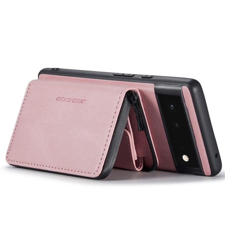 JEEHOOD Well-protected Anti-fall Kickstand Design Cover Leather Coated TPU Phone Case with Detachable Magnetic Zipper Wallet for Google Pixel 6 - Pink