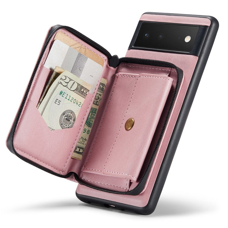 JEEHOOD Well-protected Anti-fall Kickstand Design Cover Leather Coated TPU Phone Case with Detachable Magnetic Zipper Wallet for Google Pixel 6 - Pink