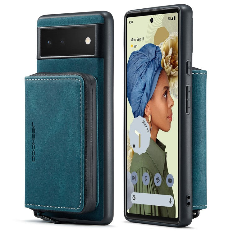 JEEHOOD Well-protected Anti-fall Kickstand Design Cover Leather Coated TPU Phone Case with Detachable Magnetic Zipper Wallet for Google Pixel 6 - Blue