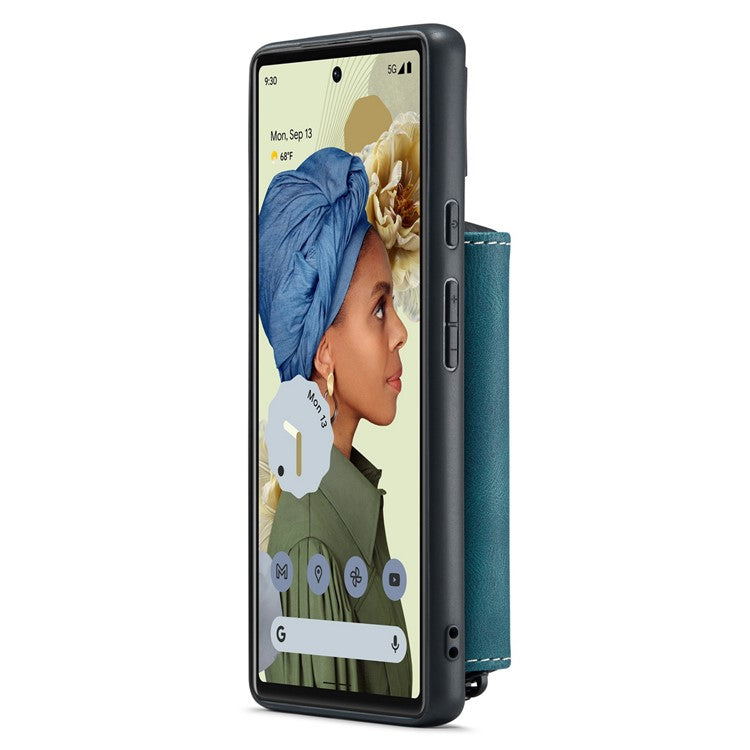 JEEHOOD Well-protected Anti-fall Kickstand Design Cover Leather Coated TPU Phone Case with Detachable Magnetic Zipper Wallet for Google Pixel 6 - Blue