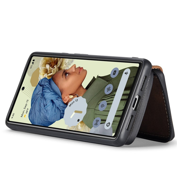 JEEHOOD Well-protected Anti-fall Kickstand Design Cover Leather Coated TPU Phone Case with Detachable Magnetic Zipper Wallet for Google Pixel 6 - Brown