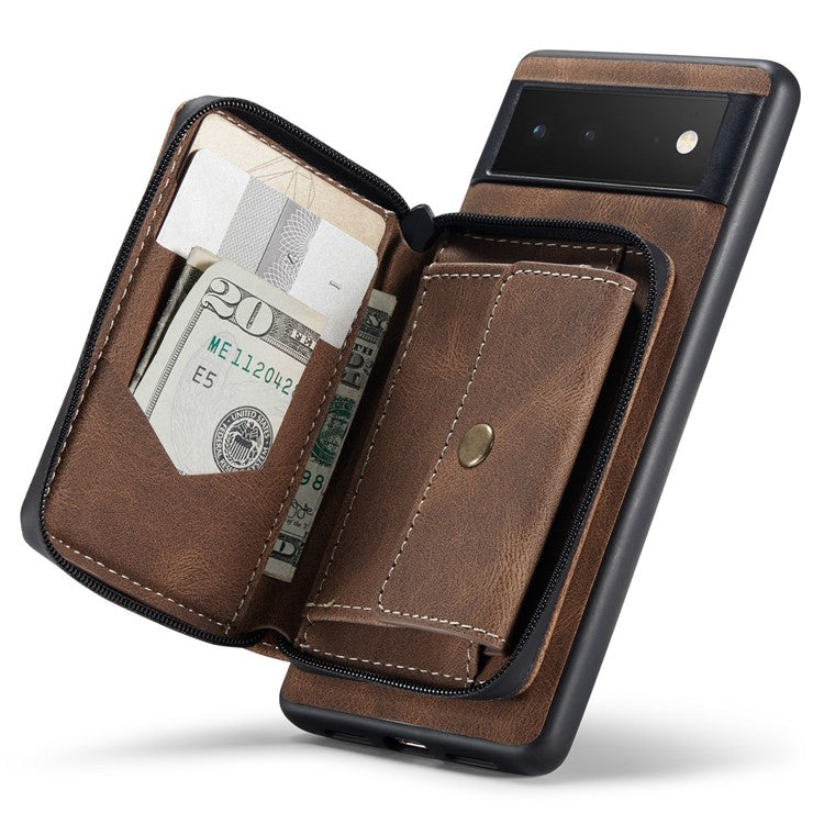 JEEHOOD Well-protected Anti-fall Kickstand Design Cover Leather Coated TPU Phone Case with Detachable Magnetic Zipper Wallet for Google Pixel 6 - Brown