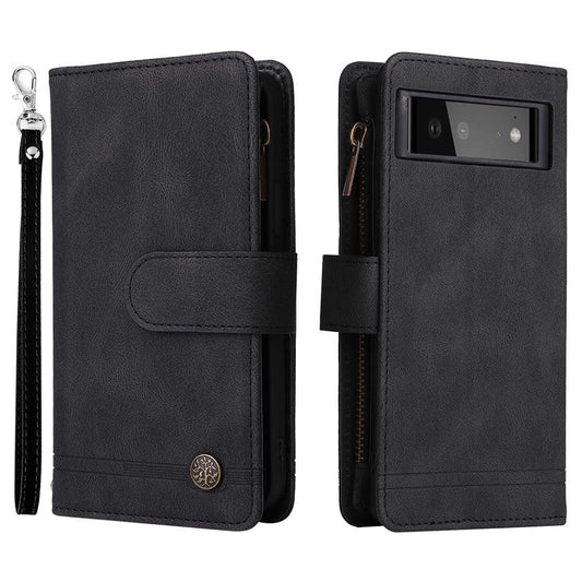 Skin-touch PU Leather Wallet Stand Flip Stripes Imprinted Case Zipper Pocket Card Holder Slots Cover with Strap for Google Pixel 6 - Black