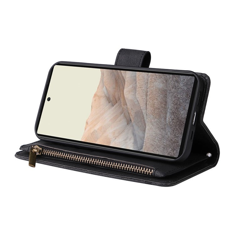 Skin-touch PU Leather Wallet Stand Flip Stripes Imprinted Case Zipper Pocket Card Holder Slots Cover with Strap for Google Pixel 6 - Black