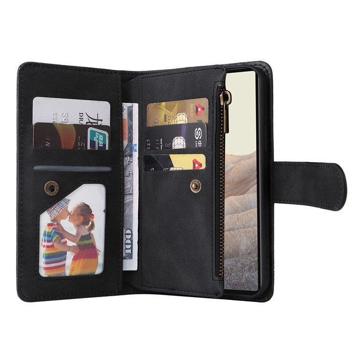 Skin-touch PU Leather Wallet Stand Flip Stripes Imprinted Case Zipper Pocket Card Holder Slots Cover with Strap for Google Pixel 6 - Black