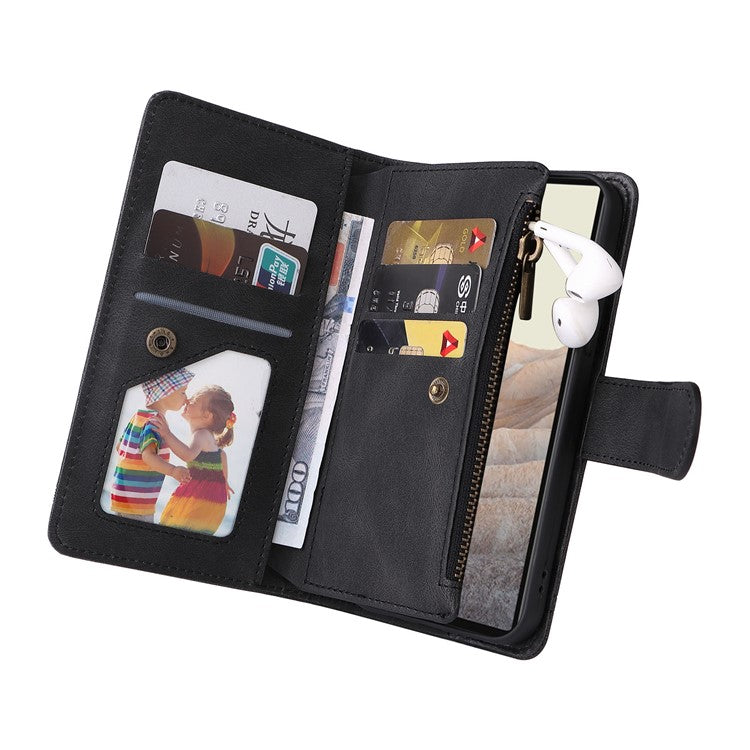 Skin-touch PU Leather Wallet Stand Flip Stripes Imprinted Case Zipper Pocket Card Holder Slots Cover with Strap for Google Pixel 6 - Black