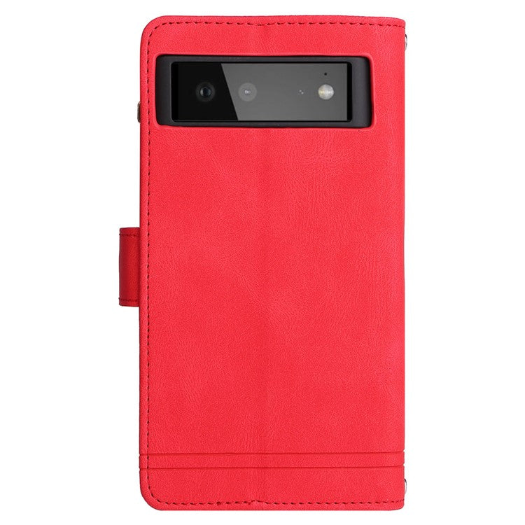 Skin-touch PU Leather Wallet Stand Flip Stripes Imprinted Case Zipper Pocket Card Holder Slots Cover with Strap for Google Pixel 6 - Red