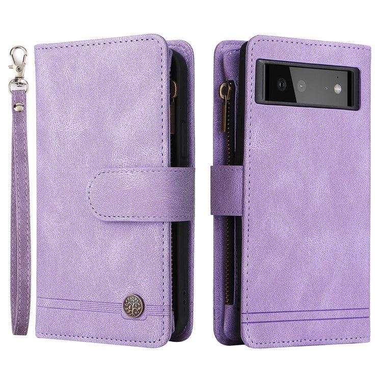 Skin-touch PU Leather Wallet Stand Flip Stripes Imprinted Case Zipper Pocket Card Holder Slots Cover with Strap for Google Pixel 6 - Purple