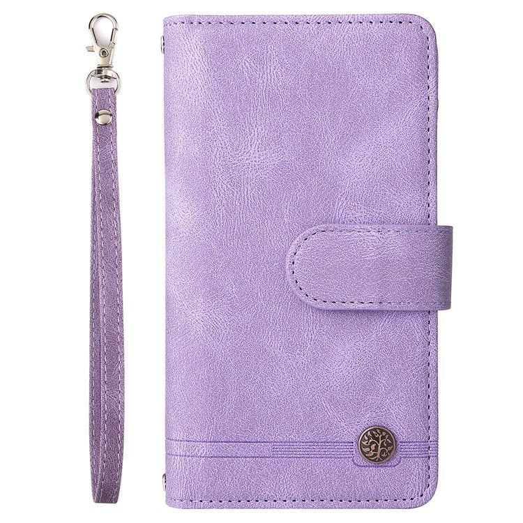 Skin-touch PU Leather Wallet Stand Flip Stripes Imprinted Case Zipper Pocket Card Holder Slots Cover with Strap for Google Pixel 6 - Purple