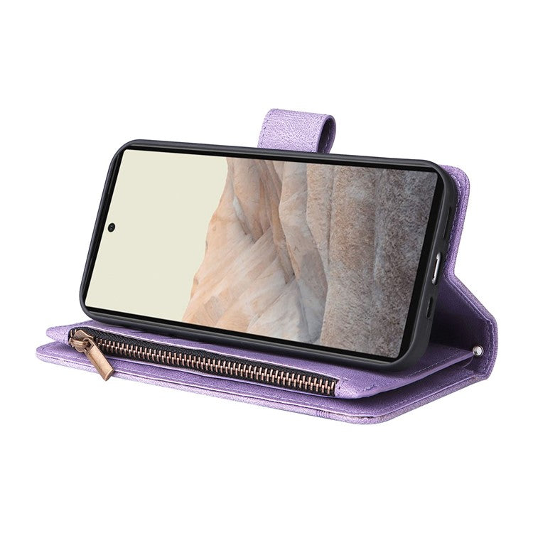 Skin-touch PU Leather Wallet Stand Flip Stripes Imprinted Case Zipper Pocket Card Holder Slots Cover with Strap for Google Pixel 6 - Purple