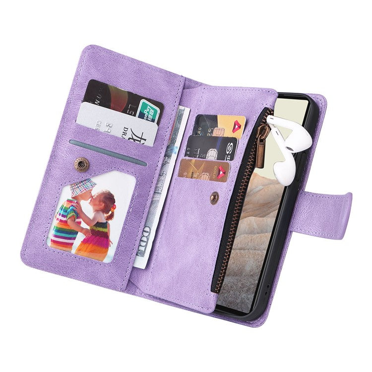 Skin-touch PU Leather Wallet Stand Flip Stripes Imprinted Case Zipper Pocket Card Holder Slots Cover with Strap for Google Pixel 6 - Purple