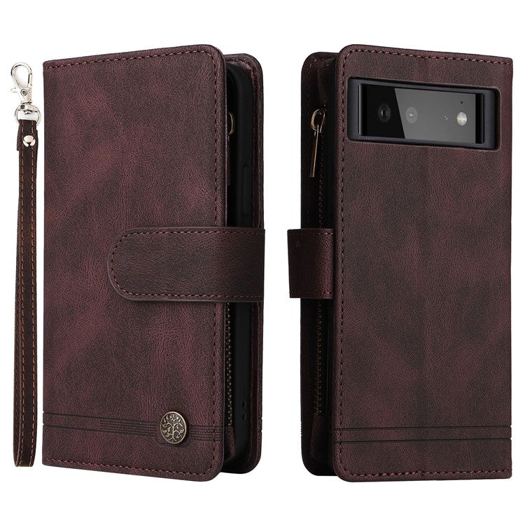 Skin-touch PU Leather Wallet Stand Flip Stripes Imprinted Case Zipper Pocket Card Holder Slots Cover with Strap for Google Pixel 6 - Brown