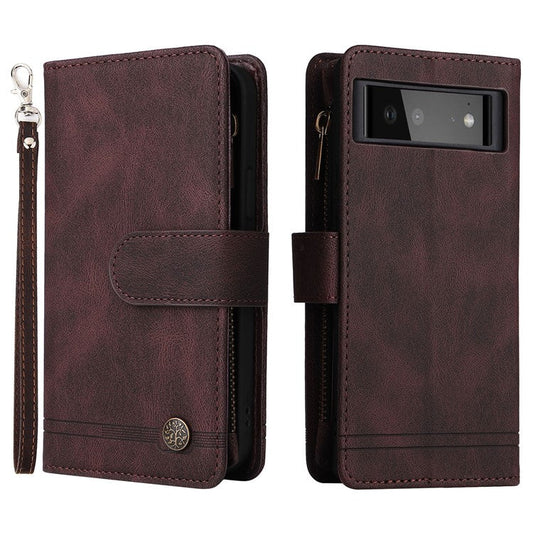 Skin-touch PU Leather Wallet Stand Flip Stripes Imprinted Case Zipper Pocket Card Holder Slots Cover with Strap for Google Pixel 6 - Brown