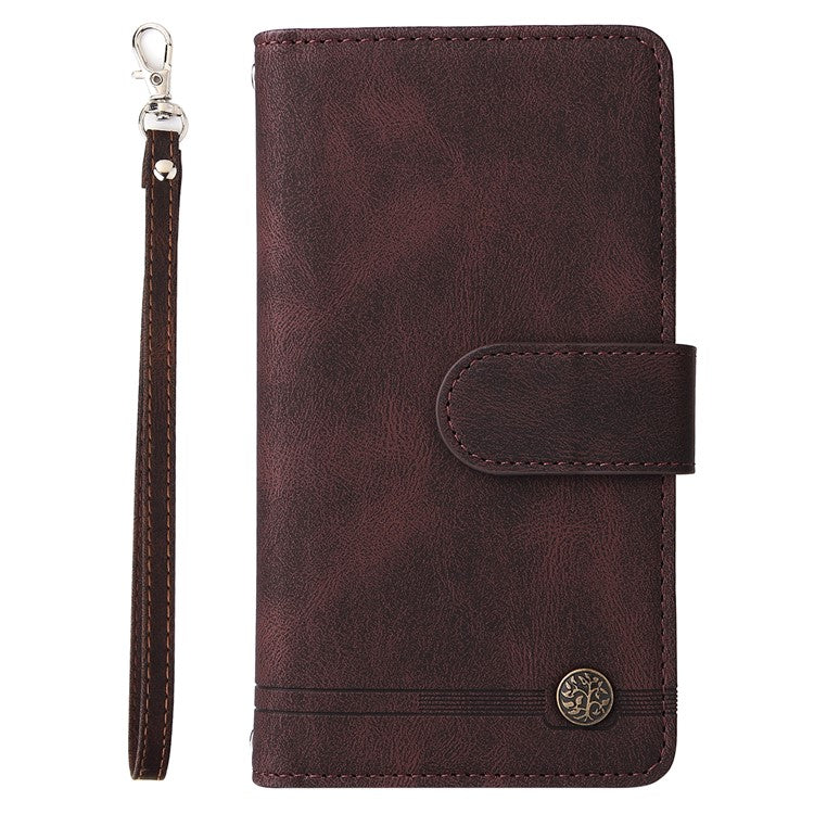 Skin-touch PU Leather Wallet Stand Flip Stripes Imprinted Case Zipper Pocket Card Holder Slots Cover with Strap for Google Pixel 6 - Brown