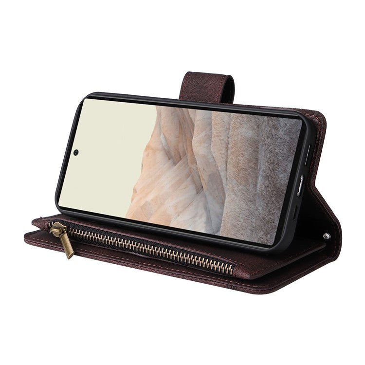 Skin-touch PU Leather Wallet Stand Flip Stripes Imprinted Case Zipper Pocket Card Holder Slots Cover with Strap for Google Pixel 6 - Brown