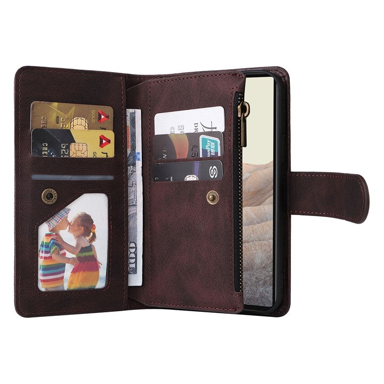 Skin-touch PU Leather Wallet Stand Flip Stripes Imprinted Case Zipper Pocket Card Holder Slots Cover with Strap for Google Pixel 6 - Brown