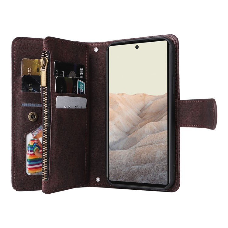 Skin-touch PU Leather Wallet Stand Flip Stripes Imprinted Case Zipper Pocket Card Holder Slots Cover with Strap for Google Pixel 6 - Brown