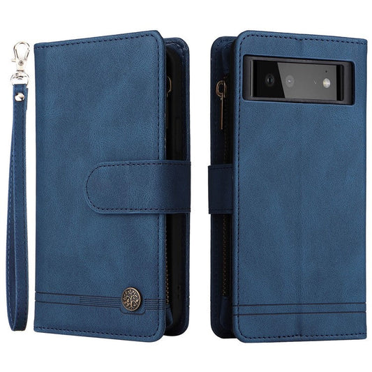 Skin-touch PU Leather Wallet Stand Flip Stripes Imprinted Case Zipper Pocket Card Holder Slots Cover with Strap for Google Pixel 6 - Blue
