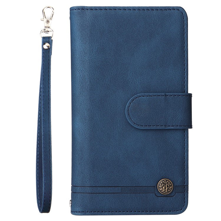 Skin-touch PU Leather Wallet Stand Flip Stripes Imprinted Case Zipper Pocket Card Holder Slots Cover with Strap for Google Pixel 6 - Blue