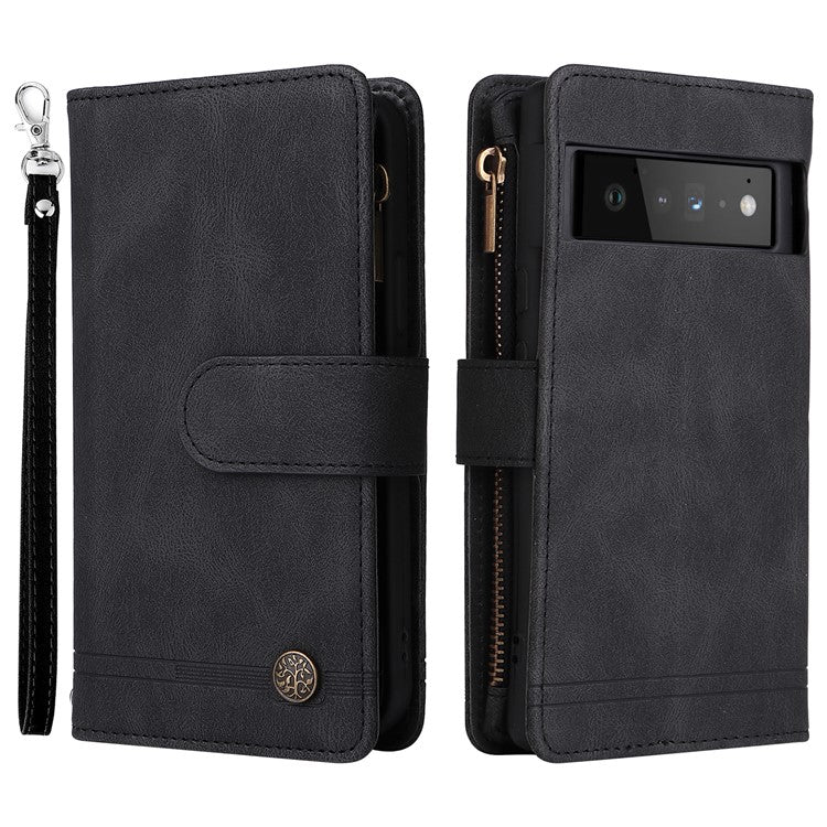 Imprinting Stripes Skin-touch PU Leather Stand Flip Zipper Pocket Cover Card Holder Slots Magnetic Closure Shockproof Case with Strap for Google Pixel 6 Pro - Black