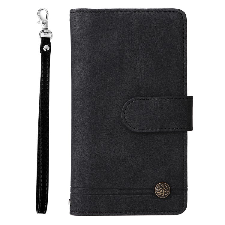 Imprinting Stripes Skin-touch PU Leather Stand Flip Zipper Pocket Cover Card Holder Slots Magnetic Closure Shockproof Case with Strap for Google Pixel 6 Pro - Black