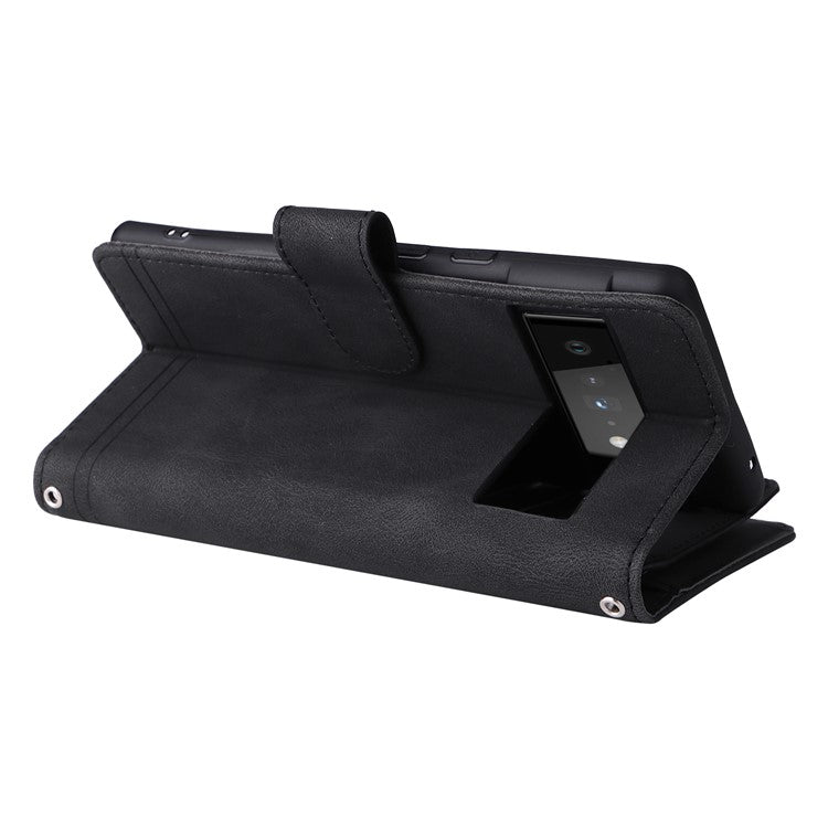 Imprinting Stripes Skin-touch PU Leather Stand Flip Zipper Pocket Cover Card Holder Slots Magnetic Closure Shockproof Case with Strap for Google Pixel 6 Pro - Black