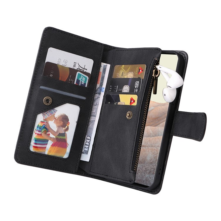 Imprinting Stripes Skin-touch PU Leather Stand Flip Zipper Pocket Cover Card Holder Slots Magnetic Closure Shockproof Case with Strap for Google Pixel 6 Pro - Black