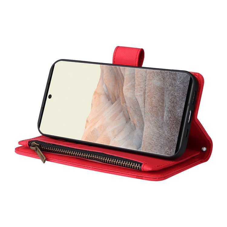 Imprinting Stripes Skin-touch PU Leather Stand Flip Zipper Pocket Cover Card Holder Slots Magnetic Closure Shockproof Case with Strap for Google Pixel 6 Pro - Red