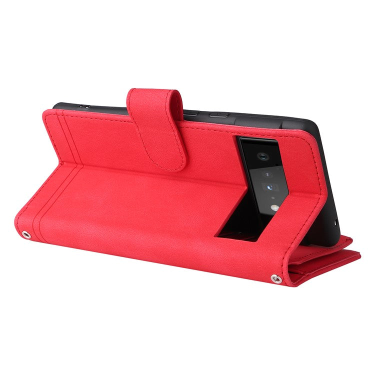 Imprinting Stripes Skin-touch PU Leather Stand Flip Zipper Pocket Cover Card Holder Slots Magnetic Closure Shockproof Case with Strap for Google Pixel 6 Pro - Red