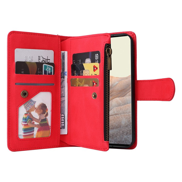 Imprinting Stripes Skin-touch PU Leather Stand Flip Zipper Pocket Cover Card Holder Slots Magnetic Closure Shockproof Case with Strap for Google Pixel 6 Pro - Red
