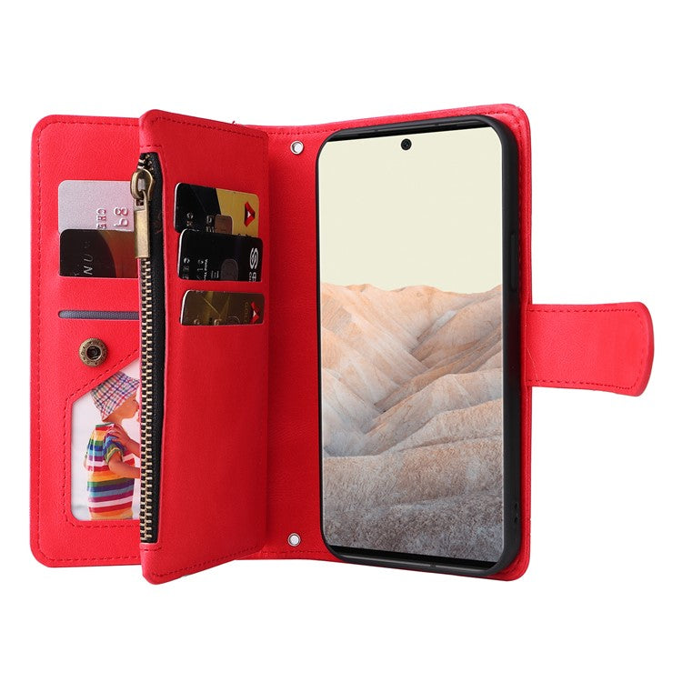 Imprinting Stripes Skin-touch PU Leather Stand Flip Zipper Pocket Cover Card Holder Slots Magnetic Closure Shockproof Case with Strap for Google Pixel 6 Pro - Red