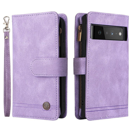 Imprinting Stripes Skin-touch PU Leather Stand Flip Zipper Pocket Cover Card Holder Slots Magnetic Closure Shockproof Case with Strap for Google Pixel 6 Pro - Purple