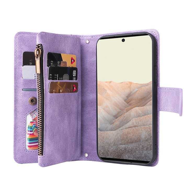 Imprinting Stripes Skin-touch PU Leather Stand Flip Zipper Pocket Cover Card Holder Slots Magnetic Closure Shockproof Case with Strap for Google Pixel 6 Pro - Purple
