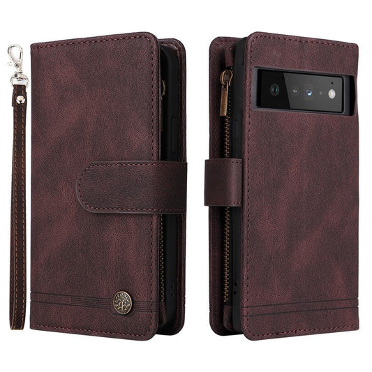 Imprinting Stripes Skin-touch PU Leather Stand Flip Zipper Pocket Cover Card Holder Slots Magnetic Closure Shockproof Case with Strap for Google Pixel 6 Pro - Brown
