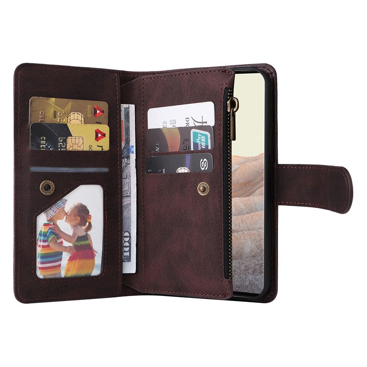 Imprinting Stripes Skin-touch PU Leather Stand Flip Zipper Pocket Cover Card Holder Slots Magnetic Closure Shockproof Case with Strap for Google Pixel 6 Pro - Brown