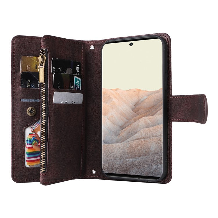 Imprinting Stripes Skin-touch PU Leather Stand Flip Zipper Pocket Cover Card Holder Slots Magnetic Closure Shockproof Case with Strap for Google Pixel 6 Pro - Brown