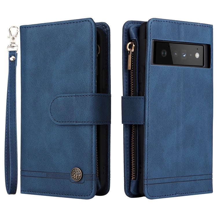 Imprinting Stripes Skin-touch PU Leather Stand Flip Zipper Pocket Cover Card Holder Slots Magnetic Closure Shockproof Case with Strap for Google Pixel 6 Pro - Blue