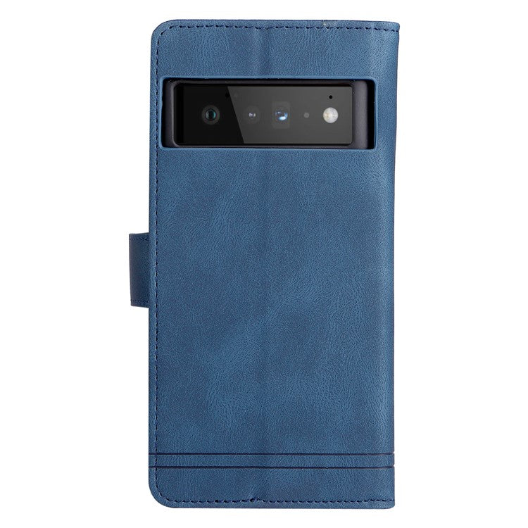 Imprinting Stripes Skin-touch PU Leather Stand Flip Zipper Pocket Cover Card Holder Slots Magnetic Closure Shockproof Case with Strap for Google Pixel 6 Pro - Blue