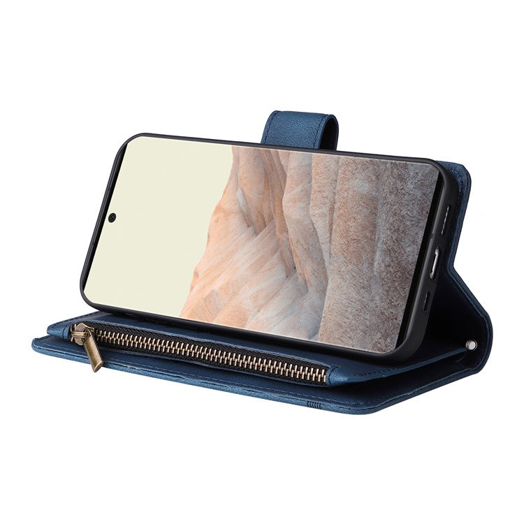 Imprinting Stripes Skin-touch PU Leather Stand Flip Zipper Pocket Cover Card Holder Slots Magnetic Closure Shockproof Case with Strap for Google Pixel 6 Pro - Blue