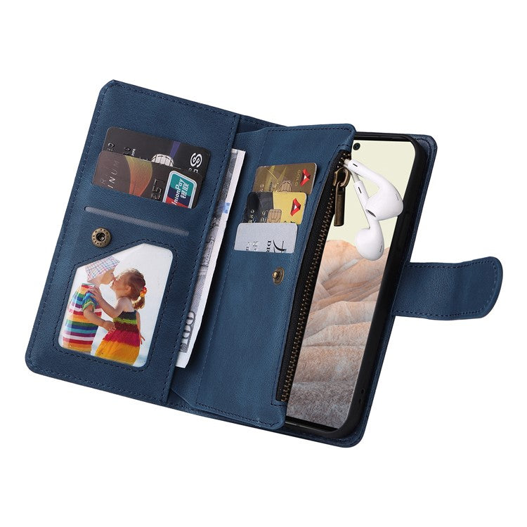 Imprinting Stripes Skin-touch PU Leather Stand Flip Zipper Pocket Cover Card Holder Slots Magnetic Closure Shockproof Case with Strap for Google Pixel 6 Pro - Blue