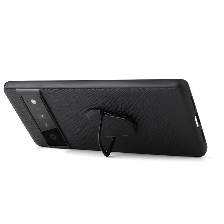 Adjustable Kickstand Design Built-in Metal Sheet PU Leather Coated TPU+PC Hybrid Cover for Google Pixel 6 Pro - Cross Texture/Black