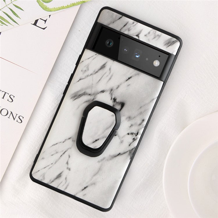 Adjustable Kickstand Design PU Leather Coated Phone Case Anti-fall Built-in Metal Sheet Cover for Google Pixel 6 - Marble Pattern/Grey